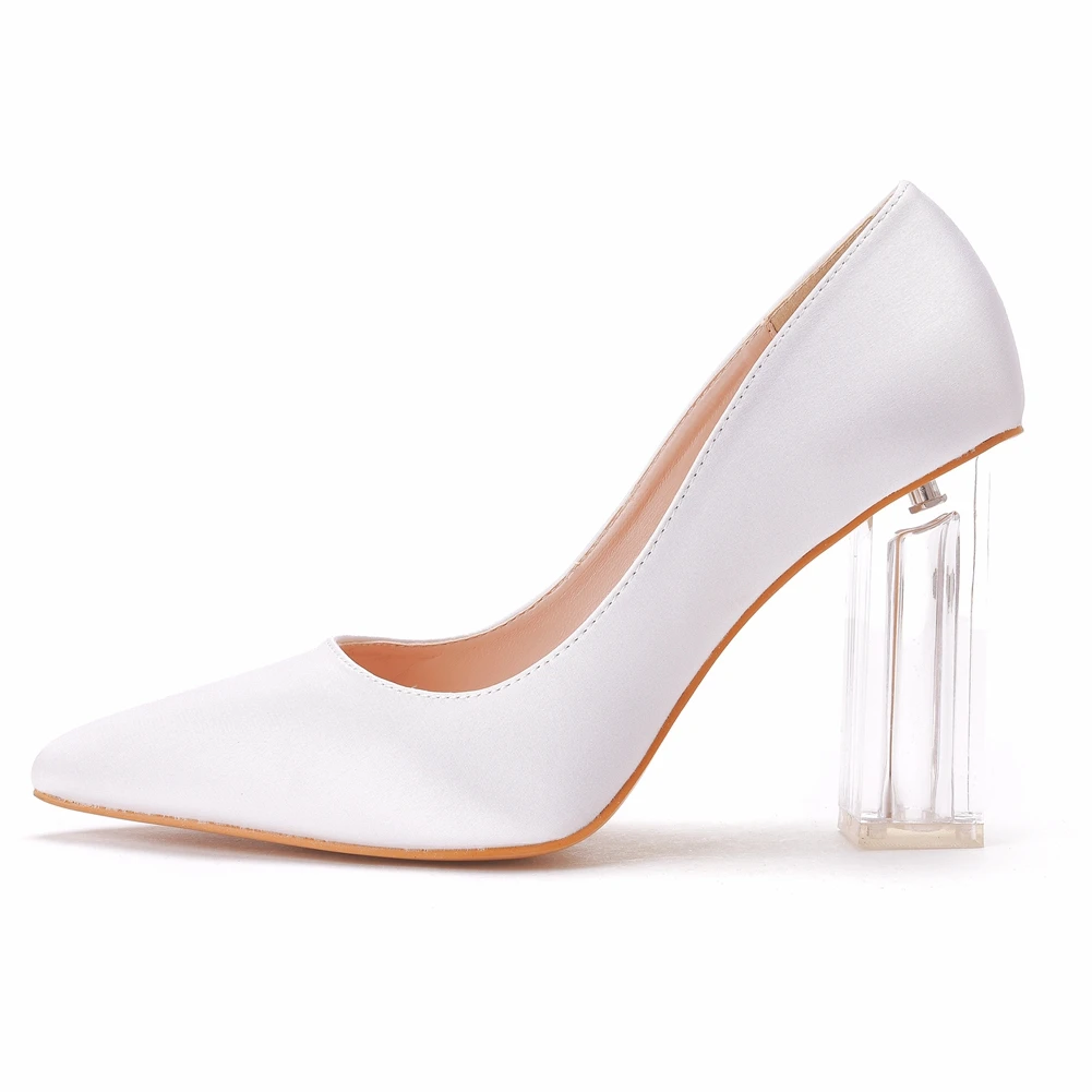 White Women Block Transparent 10cm High Heels Lady Scarpins Satin Clear Sexy Pumps Wedding Dress Silk Shoes