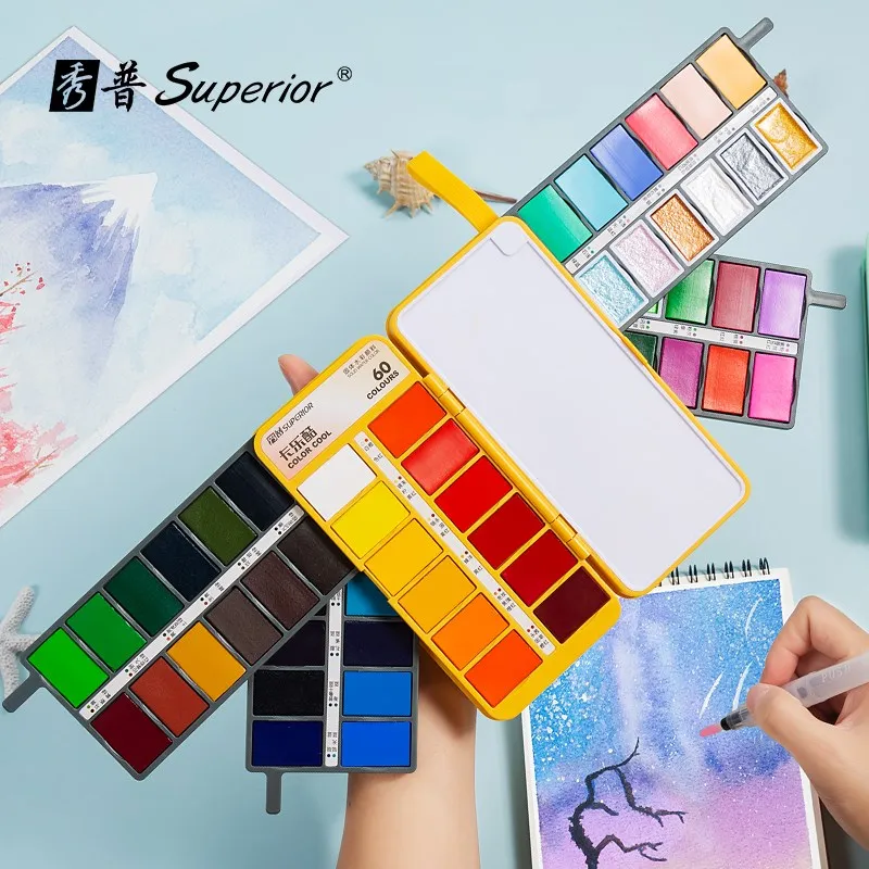 Superior 36/48/60 Colors Folding Solid Watercolor Paints Set with Metallic Macaron Water Color Paint For Painting Art Supplies