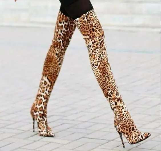 

Dipsloot Sexy Woman leopard Suede Pointed Toe Patchwork Over The Knee Boots Thin Heels Slim Elastic Long High Boots High Quality