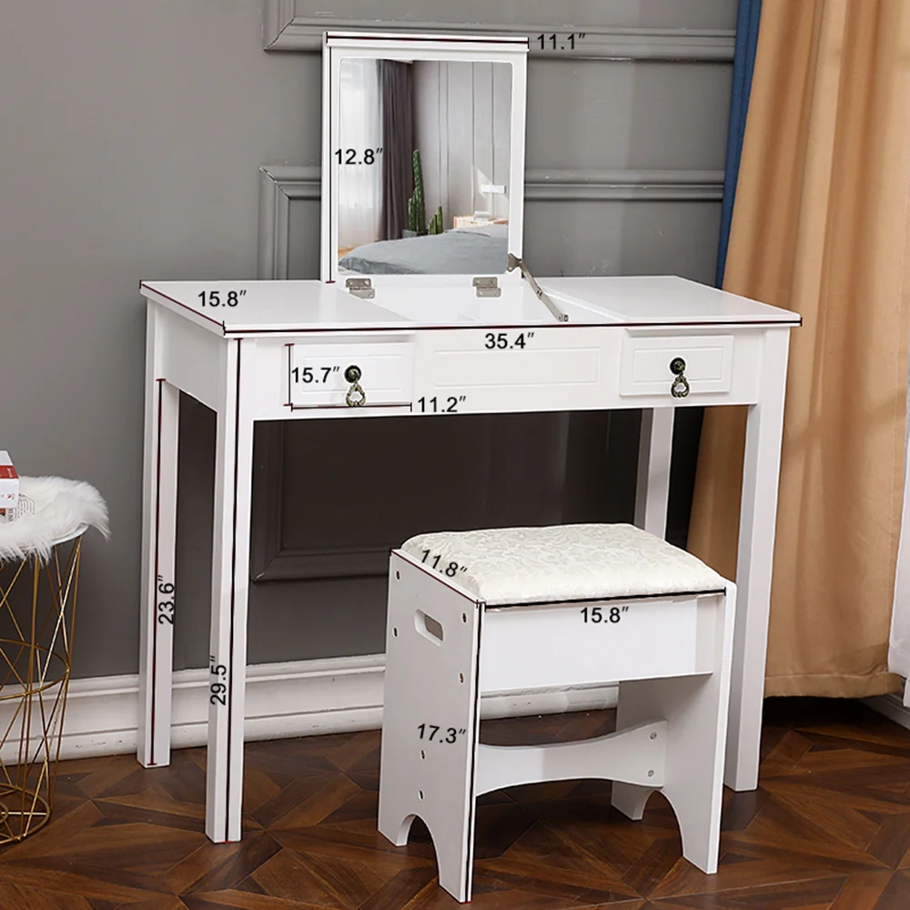 (90 x 40 x 75-112)cm Dressing Table Flip Single Mirror Double Drawers Straight Feet Dresser with Dressing Stool  White