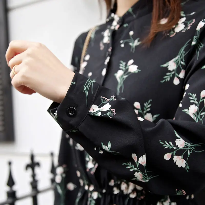 Long Sleeve Dress Women Floral-printed Chiffon Elegant Black Korean Style Leisure Slender Chic Student Streetwear Womens Vestido