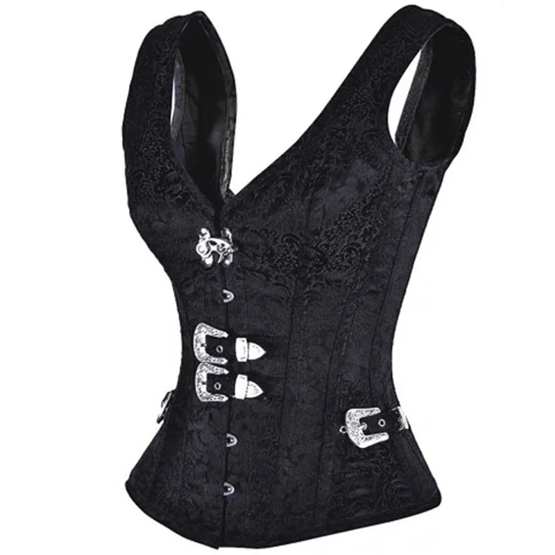 Womens Shoulder Straps Black Overbust Corset Top Steampunk Gothic Bustier Exotic Corselet Lingerie Waist Cincher Body Shapewear