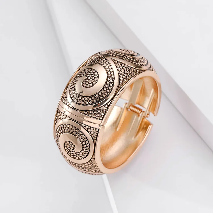 Ethnic Totem Metal Carved Wide Bangles Tibetan Gold Color Vintage Retro Tribal Bracelet Bangle Cuff For Women
