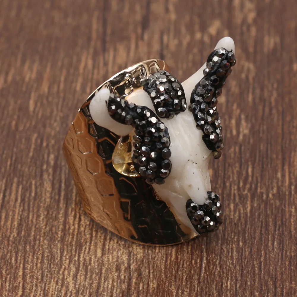 Rings for Women Natural Amethysts Druzy Irregular Gemstones Fingers Ring Animal Bull Head Adjustable Hip Hop Gold Plated Rings
