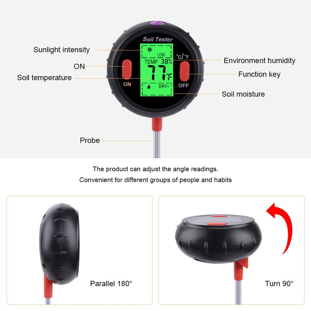 2/3/4/5 in 1 Soil PH Meter Soil Tester Flower Meter Moisture Meter Temperature Sunlight Intensity Analysis Acidity Garden Tool