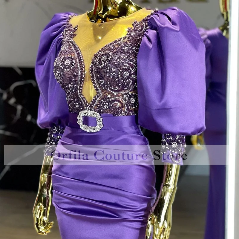 Purple Formal Evening Gowns For Women African Prom Dress Beads Crystal Long Sleeves Wedding Guest Party Wear Custom