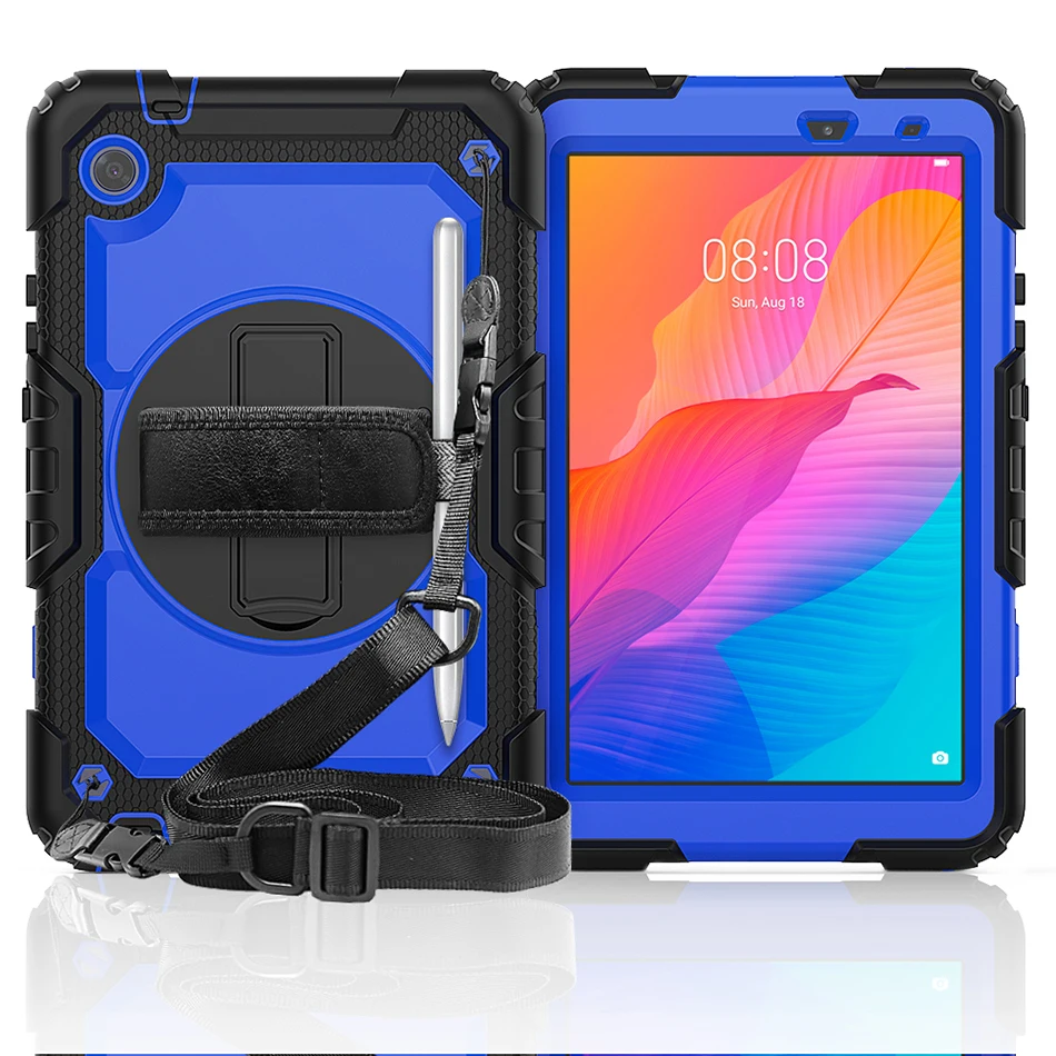 Capa giratória de silicone 360 com alça de mão e alça para huawei matepad t8 2020, capa à prova de choque + caneta