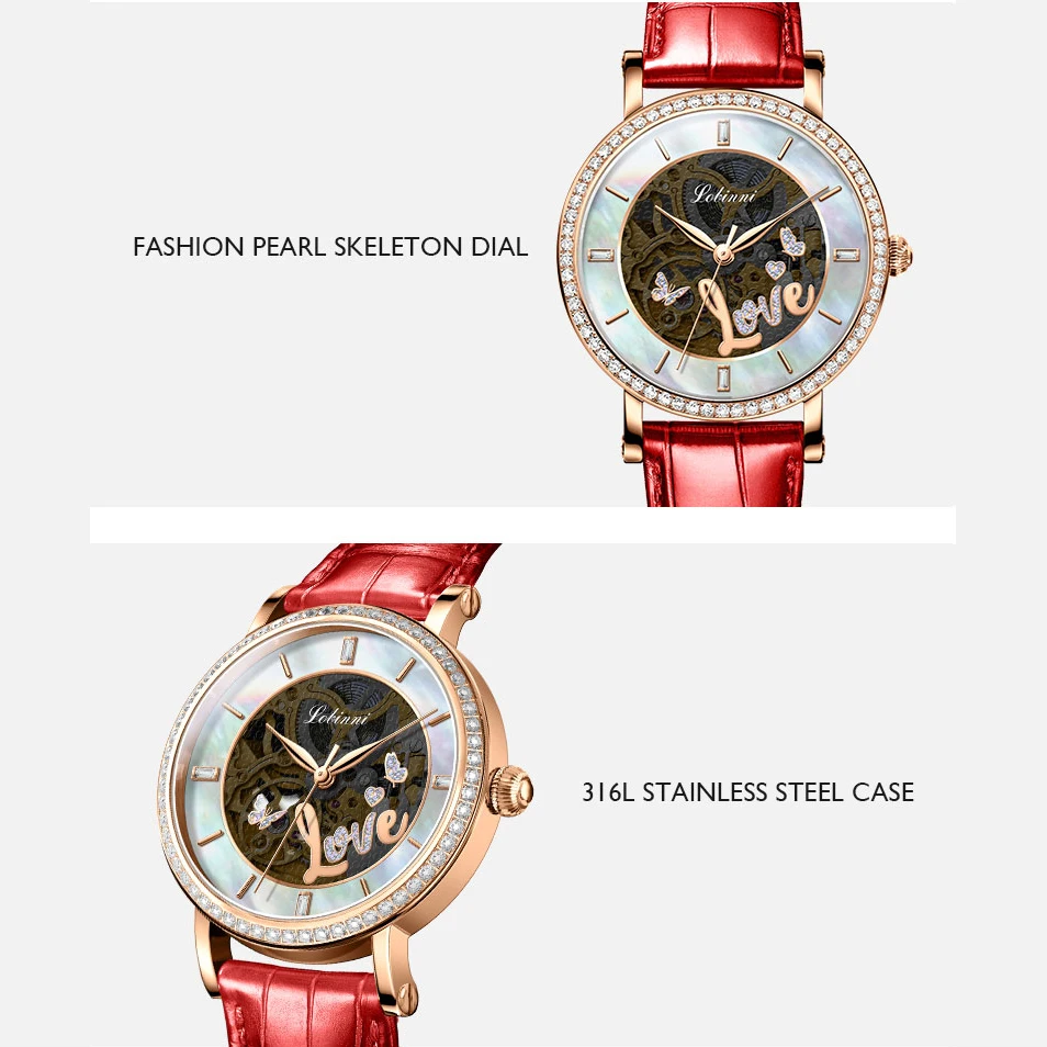 LOBINNI Orologi da donna Orologio automatico da donna di marca di lusso superiore Orologio da polso meccanico a carica automatica Quadrante scheletrato Quadrante con perla di zaffiro
