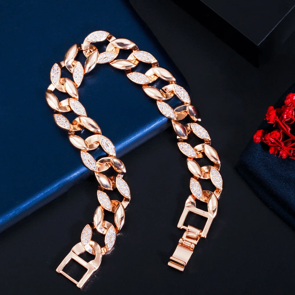 Pera Noble 585 Color dorado CZ piedra círculo ancho cadena de eslabones brazalete nupcial pulseras para mujer joyería para fiesta y boda de lujo B198