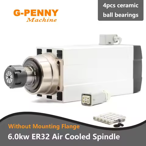 G-Penny 6kw ER32 air cooled spindle motor with/without mounting flange 300Hz 18000rpm ceramic ball bearing 0.01mm accuracy