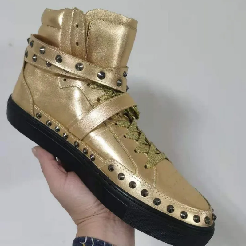 Men Real Leather High-Top Casual Shoes Lace Up Rivets Designer Gold Trainers Buckle Strap Breathable Outdoor Sneakers Male