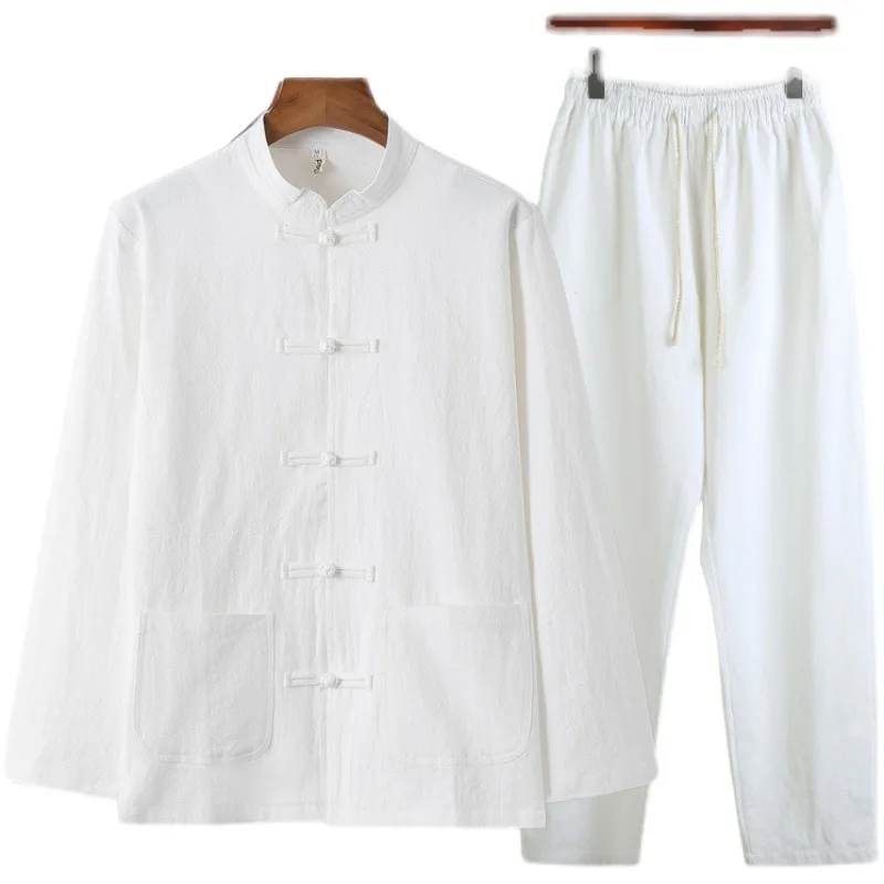 2026 Spring Men Cotton Solid Color Kung Fu Suit New Chinese Style Long Sleeve Shirt+Long Pants Sets Male Tai Chi Suits 3Xl