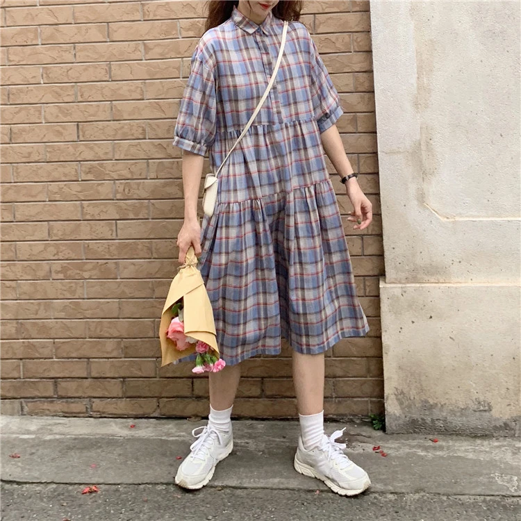 Academische Stijl Zomer Losse Kraag Plaid Jurk Vrouwelijke Zomer 2020 Nieuwe Stijl Korte Mouw Lange Patroon Rok Lolita Jurk