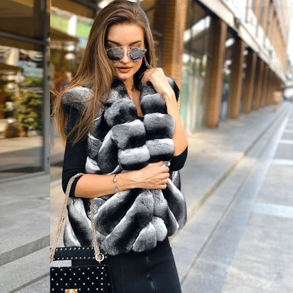 Luxury Women Real Rex Rabbit Fur Vest Stand Collar 2022 Winter New Full Pelt Genuine Chinchilla Color Rex Rabbit Fur Vests Woman