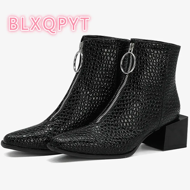 Autumn Winter Women Ankle Boots Round Toe Fashion Short Boots Zipper Square Heels 5cm Comfortable Plus size Lady Shoes F-5