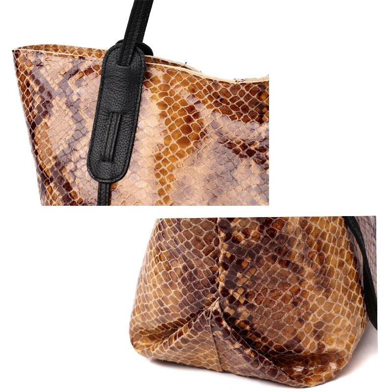 Brand 100% REAL LEATHER Serpentine Pattern Coating Large Shoulder Bags Animal Print Suede Cow Leather Handbags New Fashion