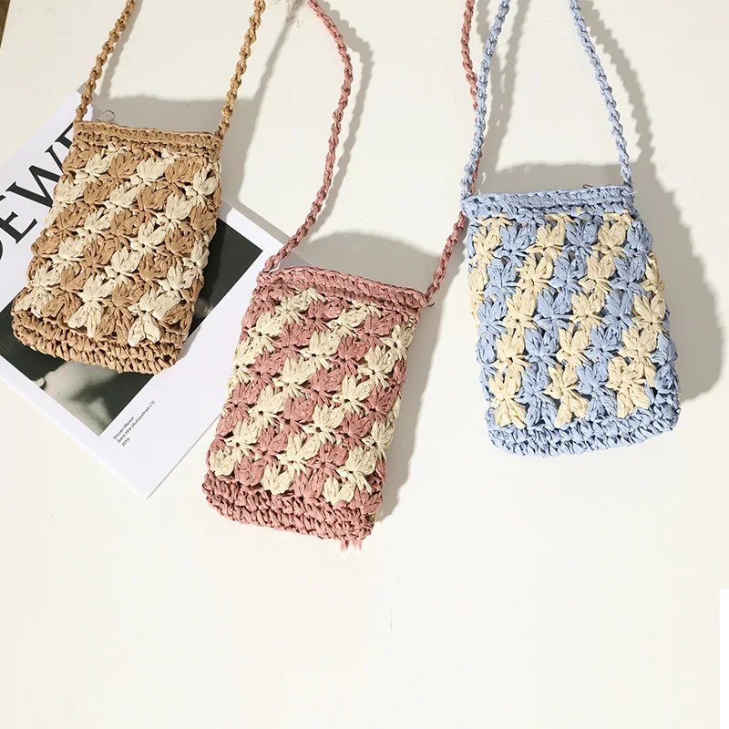 

New Flower Twill Hand-woven Coin Purse Ins The Same Cross-body Small Bag Female Straw Woven Bag