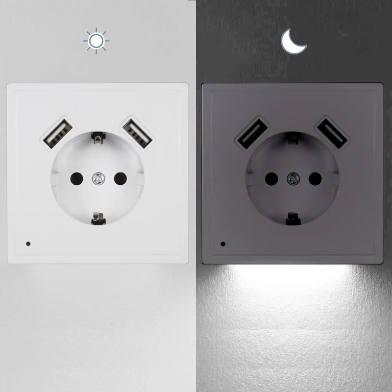 New USB Wall Socket With Sensor Night Light Double USB 5V2A  EU Standard Phone Charger JA8