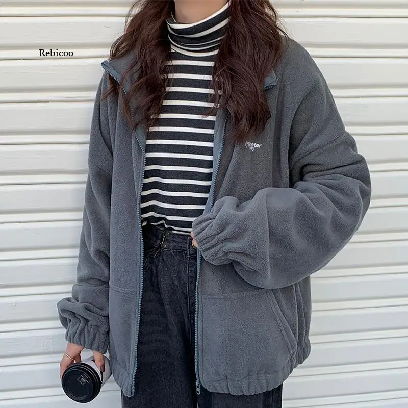 Harajuku mulher zip-up hoodies além de veludo velo quente inverno camisolas jaqueta casual solto gola oversized hoodie