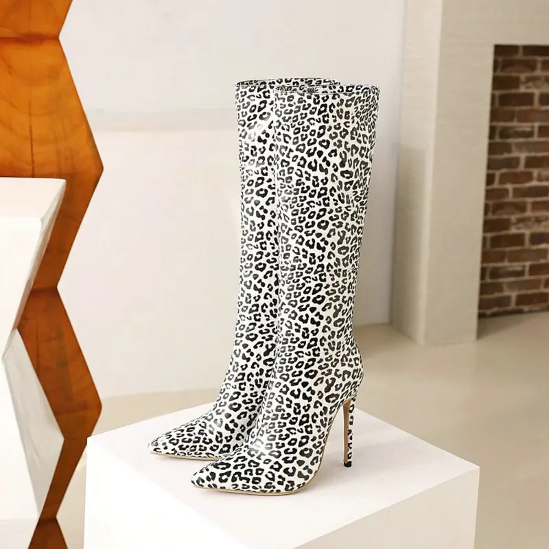 ZawsThia Sexy Super Thin High Heels Stripper Club Stilettos Booties Pointed Toe Leopard Design Women Knee High Boots Size 45 46