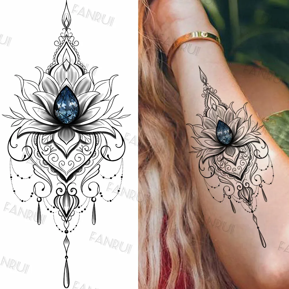 Sexy Black Mandala Flower Temporary Tattoos For Women Girls Henna Tatoos Paper Fake Jewelry String Snake Flower Tattoo For Party