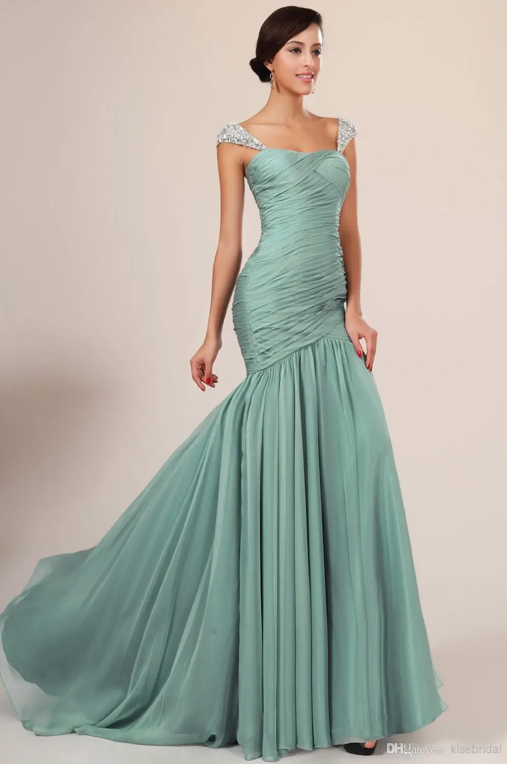 free shipping new fashion green formal sexy cap sleeve crystal long bride gown party evening elegant Bespoke Occasion Dresses