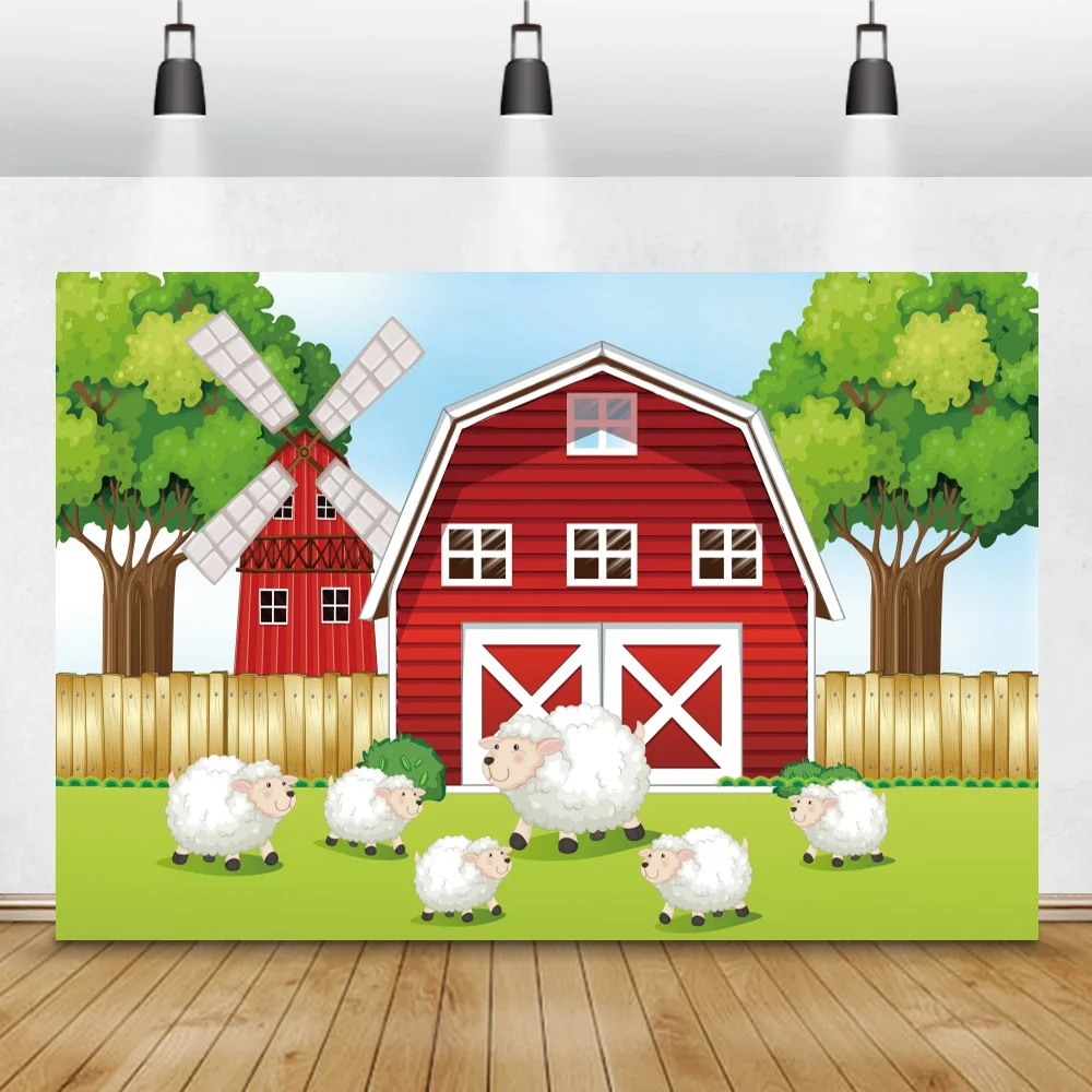 Laeacco Pink Farm Animals Baby Shower Birthday Party Photography Backdrop Sky Clouds Sun Party Decor Customized Photo Background