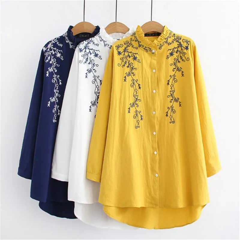 

Blouses Women Ruffled Cotton Linen Blouse Loose Full Plus Floral Embroidery Feminine Long Sleeve Shirts 5XL White Blusas Mother