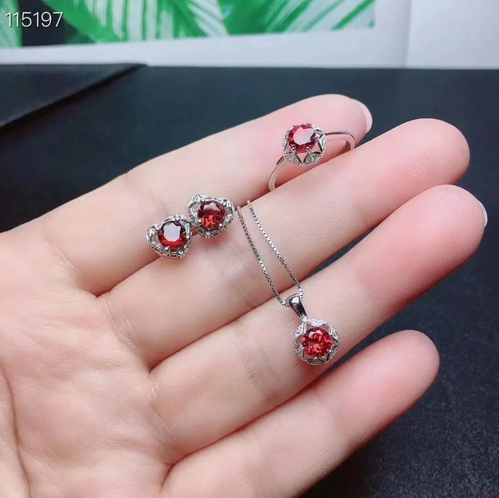 KJJEAXCMY fine jewelry 925 sterling silver inlaid natural garnet earrings ring pendant elegant girl suit support test