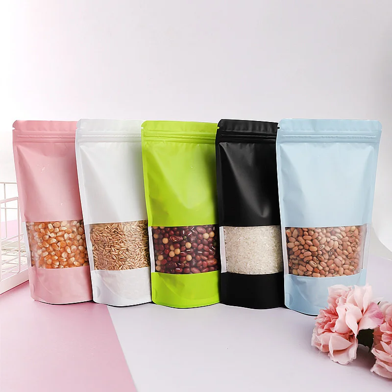 500Pcs/Lot Foil Stand Up Pouches with Frosted Window Self Sealing Ziplock Bags Tea Nuts Grains Packaging Storage Gift Bag