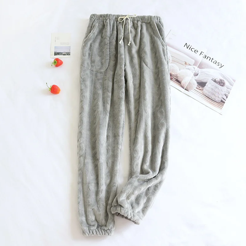 New Plush Winter Thick Sleep Men Pants Flannel Sleep Bottoms Plus Velvet Home Pajama Coral Fleece Male Sleepwear With Pocket