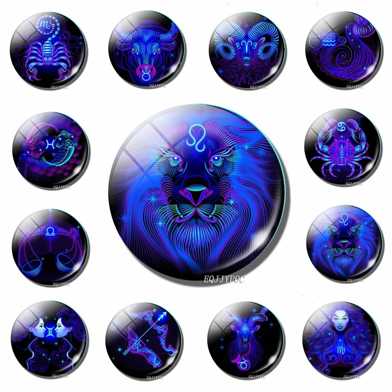 Twelve Constellations Fridge Magnets 12 Zodiac Signs Blue Glass Gemstone Magnetic Stickers for Refrigerator and Home