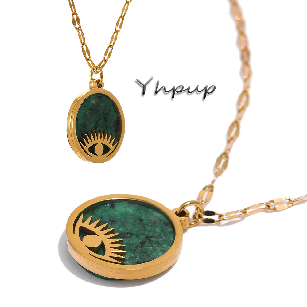 Yhpup Green Natural Stone Eye Pendant Necklace Stainless Steel Collar Trendy Necklace Jewelry цепочка на шею женская Gift