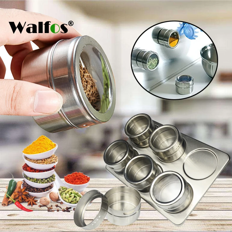 

Walfos 6 Pieces Magnetic Stainless Steel Cruet Condiment Jars Set Salt and Pepper Shakers Seasoning Sprays Cooking Barbeque Tool