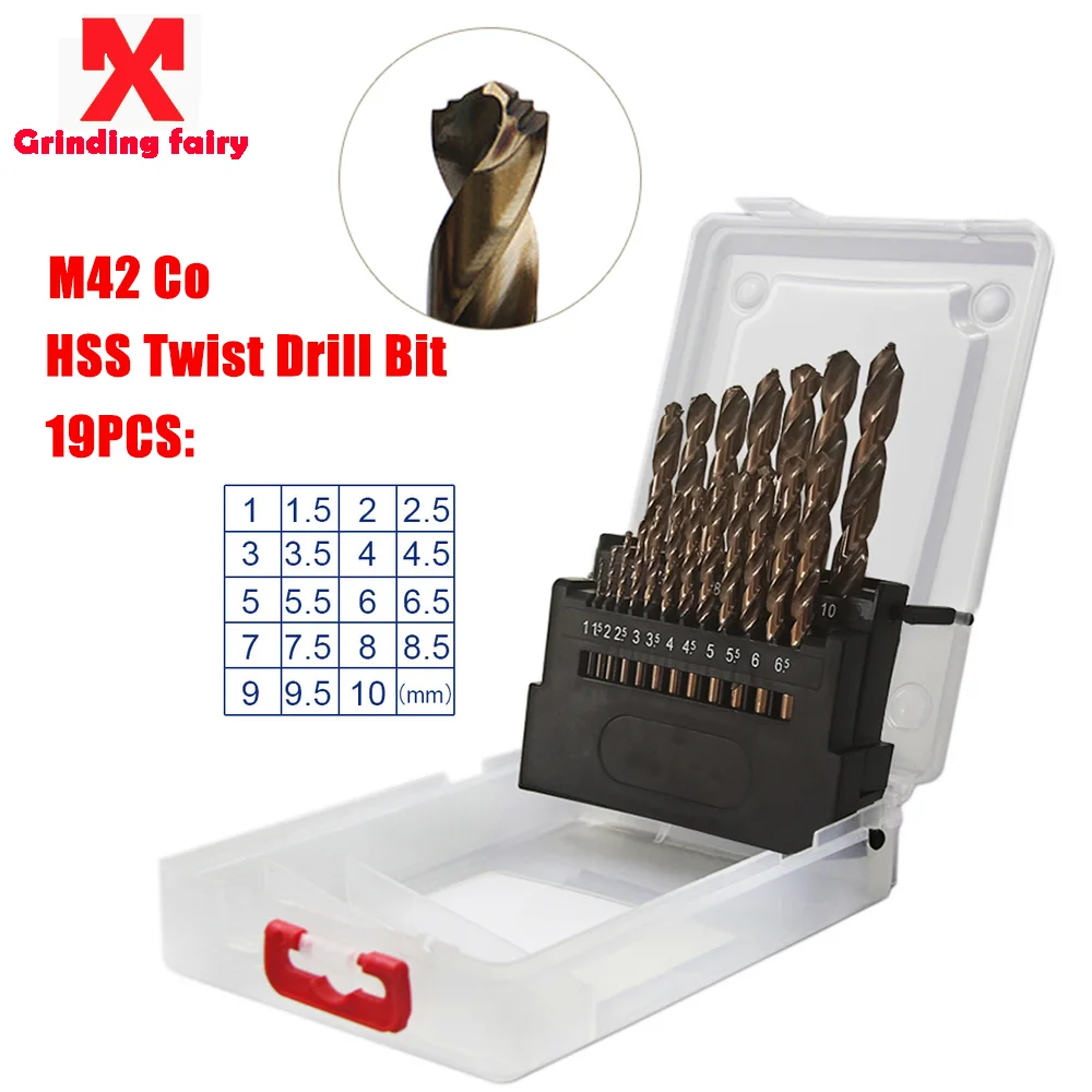 

MX 19pcs M42 Co HSS Twist Drill Bit 8% High Cobalt Stainless Steel Twist Drill Set Metal Hole Opener Metal Wood Opening 1-10mm