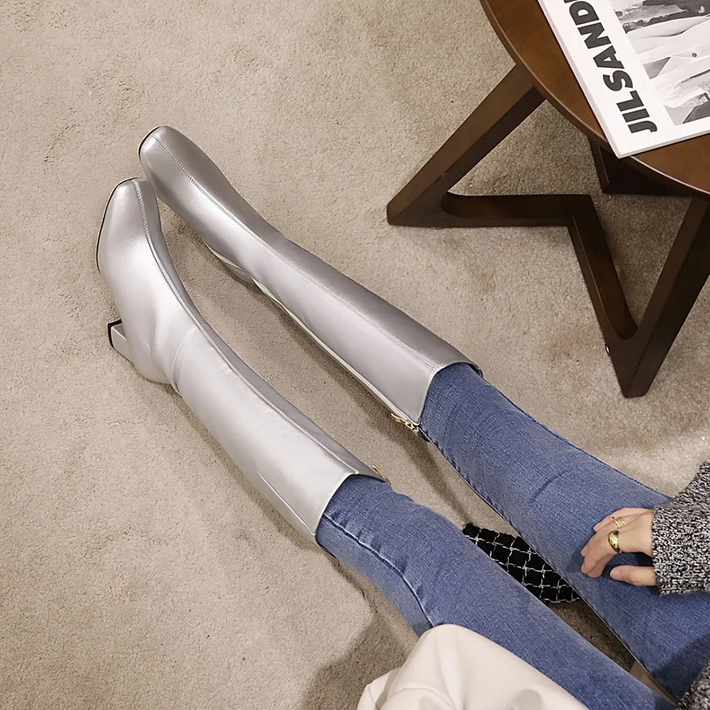 New Winter Trending Women Knee High Boots Square High Heels Beige Boots Square Toe Zippers Apricot Boots Ladies Party Shoes image 3