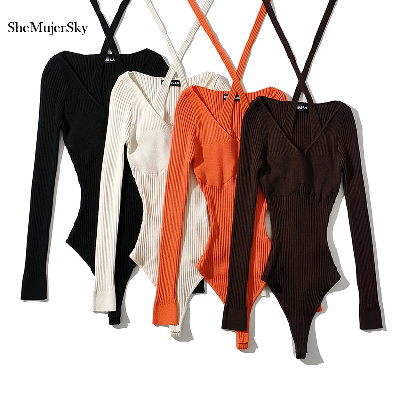 SheMujerSky ผู้หญิงเซ็กซี่ Halter Bodysuits 2021แขนยาว V คอถัก Elastic Slim Jumpsuit สีทึบ Bodysuit