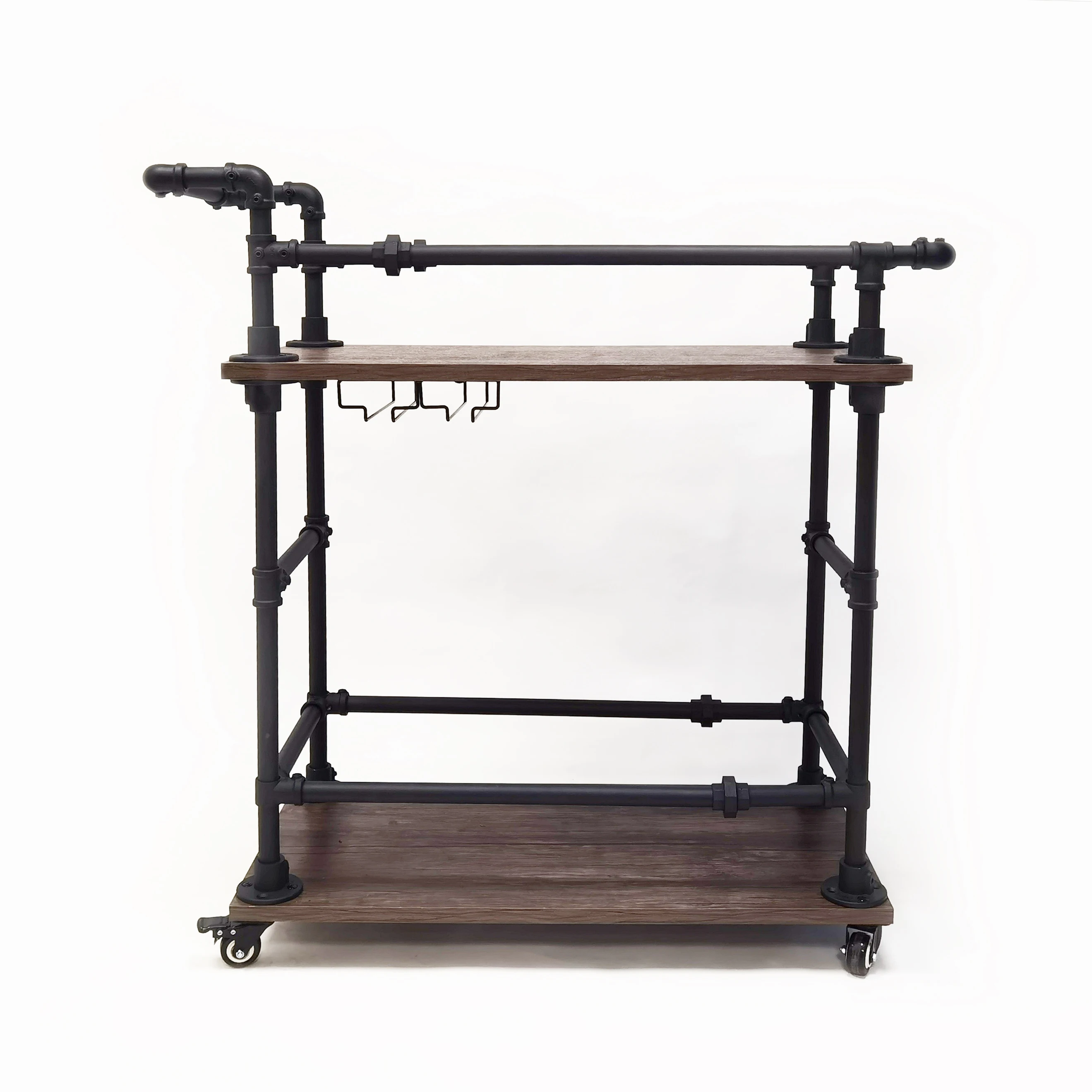 Steampunk Retro Kitchen Storage Bar Cart Industrial Rolling Wood with Wine Rack and Glass Holder Metal Serving Cart