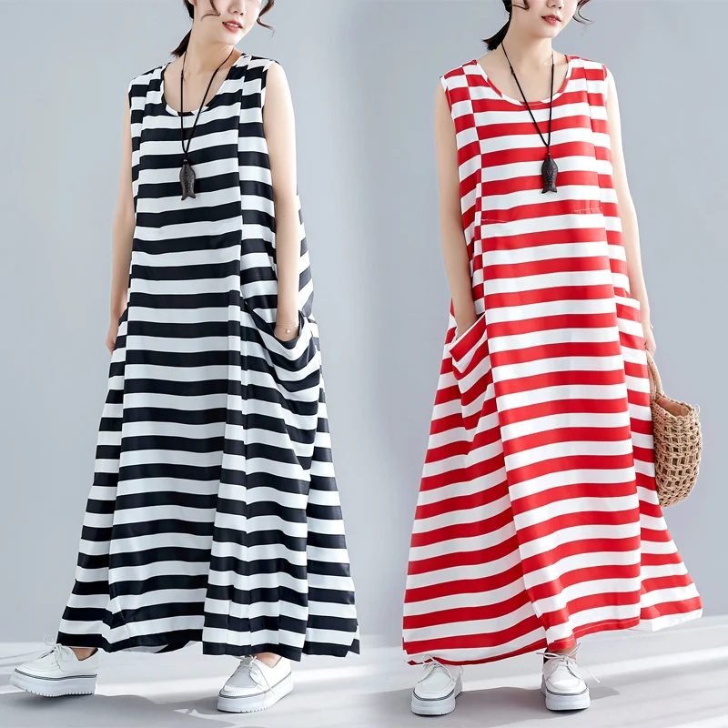 

2022 vintage Korean Pregnant woman Dress Summer Loose Stripe Round neck Fashion Sleeveless Dress For Women Clothing B274