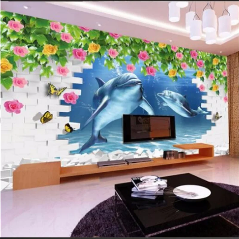 wellyu Customized large mural dolphin mother and child love creative three-dimensional rose 3D background wall paper