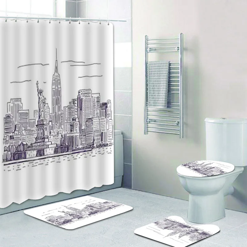 Modern New York City Sketch Drawing Shower Curtain Set New York City Skyline Bath Curtain for Bathroom Mats Rug Carpet Scene Art