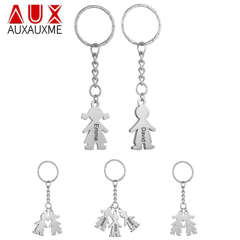 Auxauxme Customized Boy Girl Keychain Cute Stainless Steel engraved Name Date Custom family Jewelry Anniversary Gift for mom dad