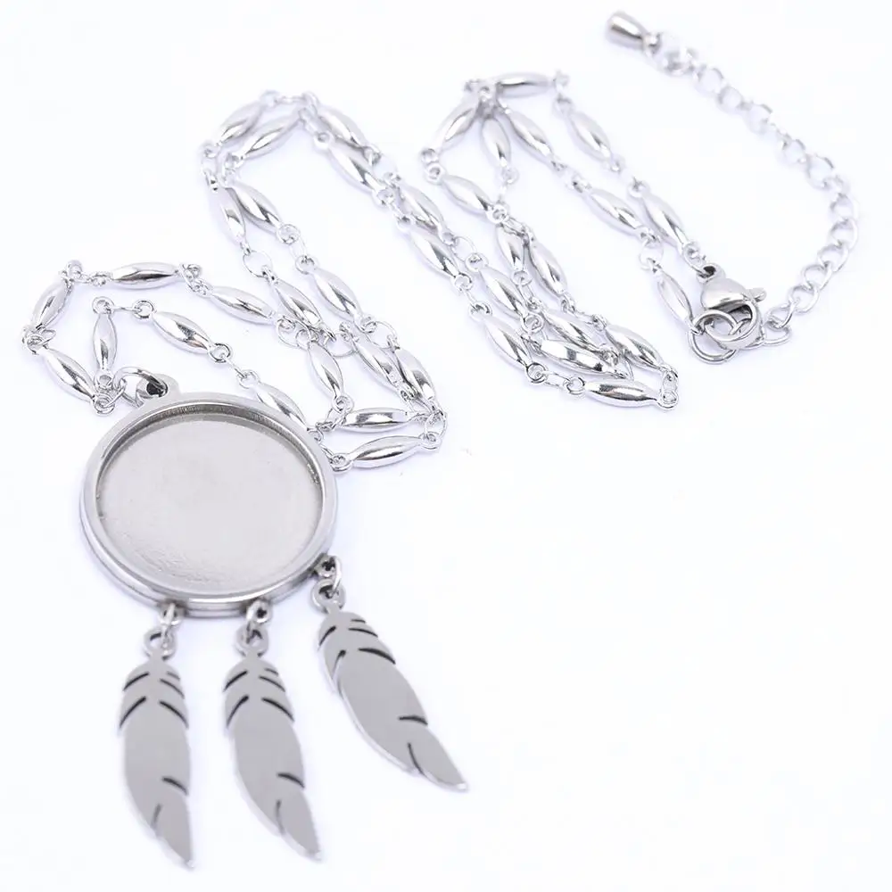 

5pcs 45cm long feather charm fit 20m round cabochon pendant base setting trays diy 45cm long chain necklace blanks diy findings