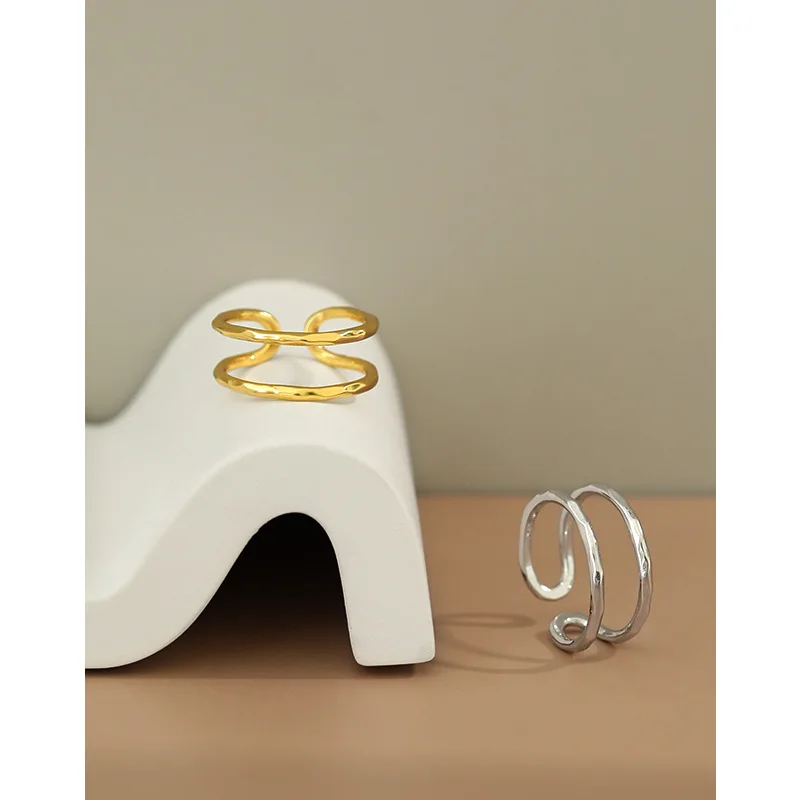 

Real 925 Sterling Silver Double Layer Rings For Women Fine Jewelry, Simple Gold Color Adjustable Ring Woman Party Wedding