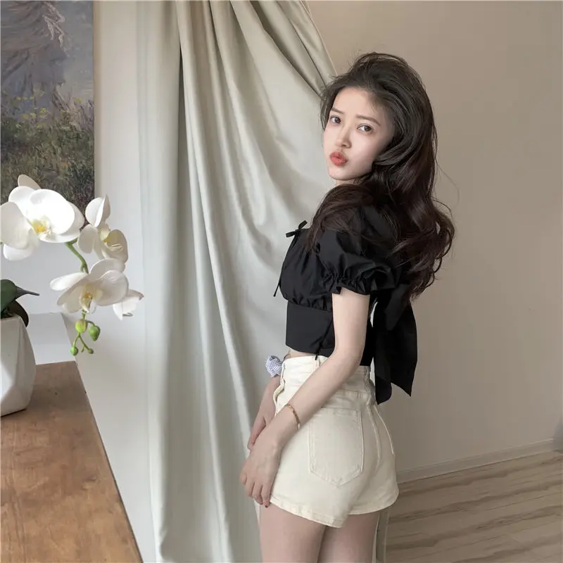 Summer Blouse Womens Sweet Bow Vintage Soft Simple Solid Square Collar Leisure Breathable All-match Fit New Clothing Tops Daily