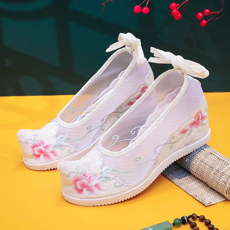 Wedge Heel Ladies Mesh Shoes Sweet Lolita Fairy Hanfu Oriental Ancient Embroidery Shoes Cute Kawaii Women Chinese Traditional