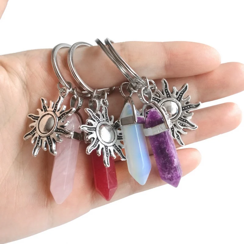 Natural Stone Hexagonal Column Keychain Women Pink Quartz Crystal With Sun Moon Charms Trinket Couple Gift