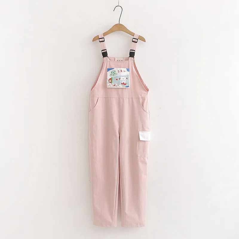 Harajuku Kawaii Print Strap Pants Women Cute Bear Jumpsuit Japanese Mori Girl Vintage Trousers Pink Overalls Leisure cargo pants