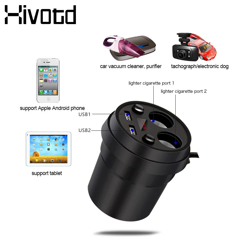 Hivotd Universal Accessories Car Dual USB Charger Cup Holder Power Socket Adapter Cigarette Lighter Auto Interior Mouldings