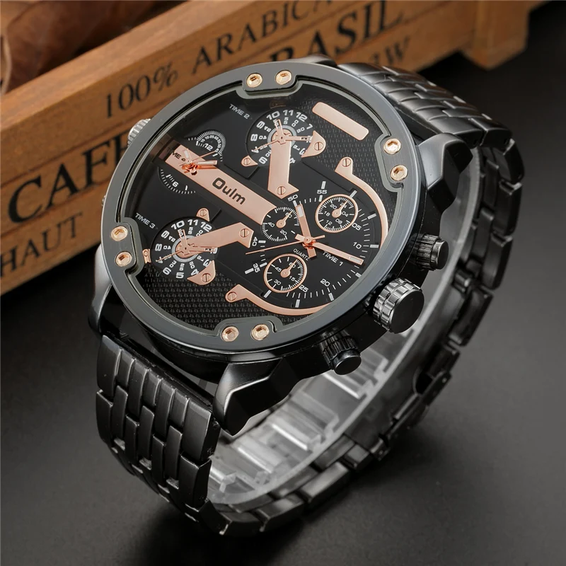 Oulm Huge Two Time Zone Men\'s Watches Top Luxury Brand Male Quartz Big Size Watch Individuality Large Men Military Wristwatch